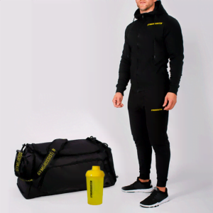 Klädset (mjukisbyxor + hoodie) ihop med gymväska och shaker Herr